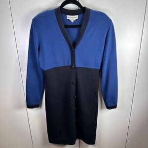 VTG Outlander Womens Lg Blue Black V‎ Neck Button Up Sweater Dress Wool Blend